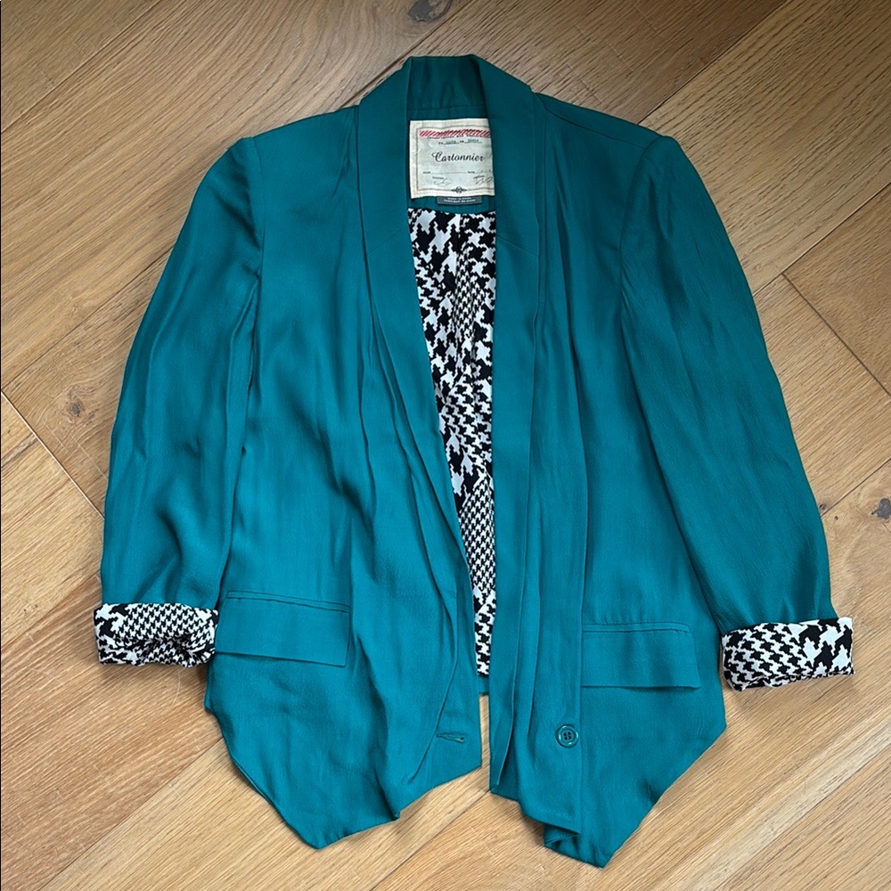 Anthropologie Teal Blazer with Houndstooth Lining